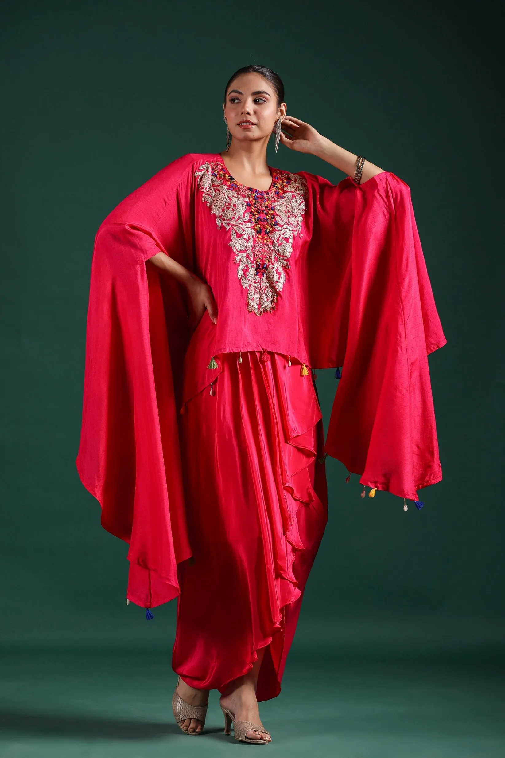 Reddish Pink Embroidered Raw Silk Draped Skirt Set