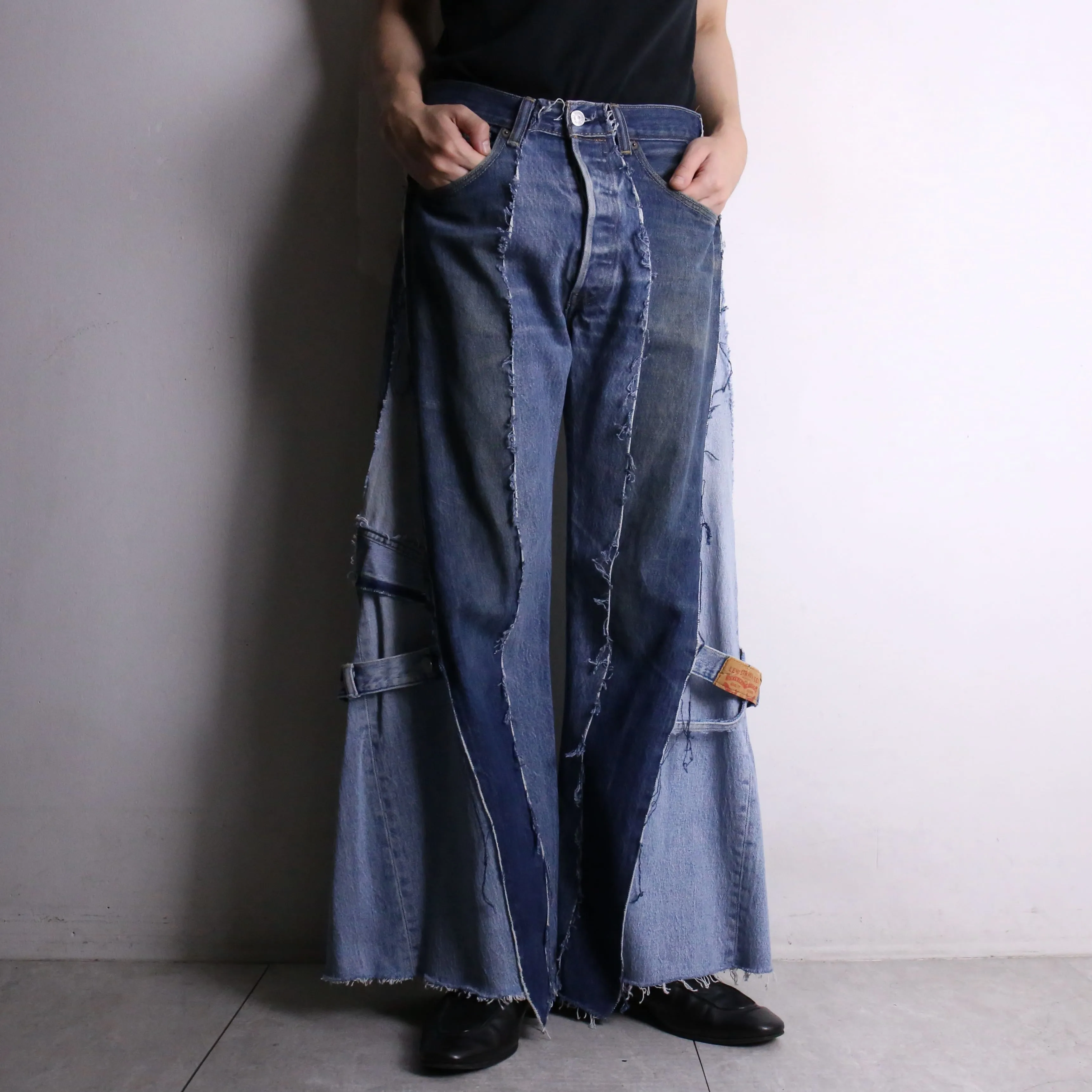 remake "再構築" front docking side belt buggy denim pants