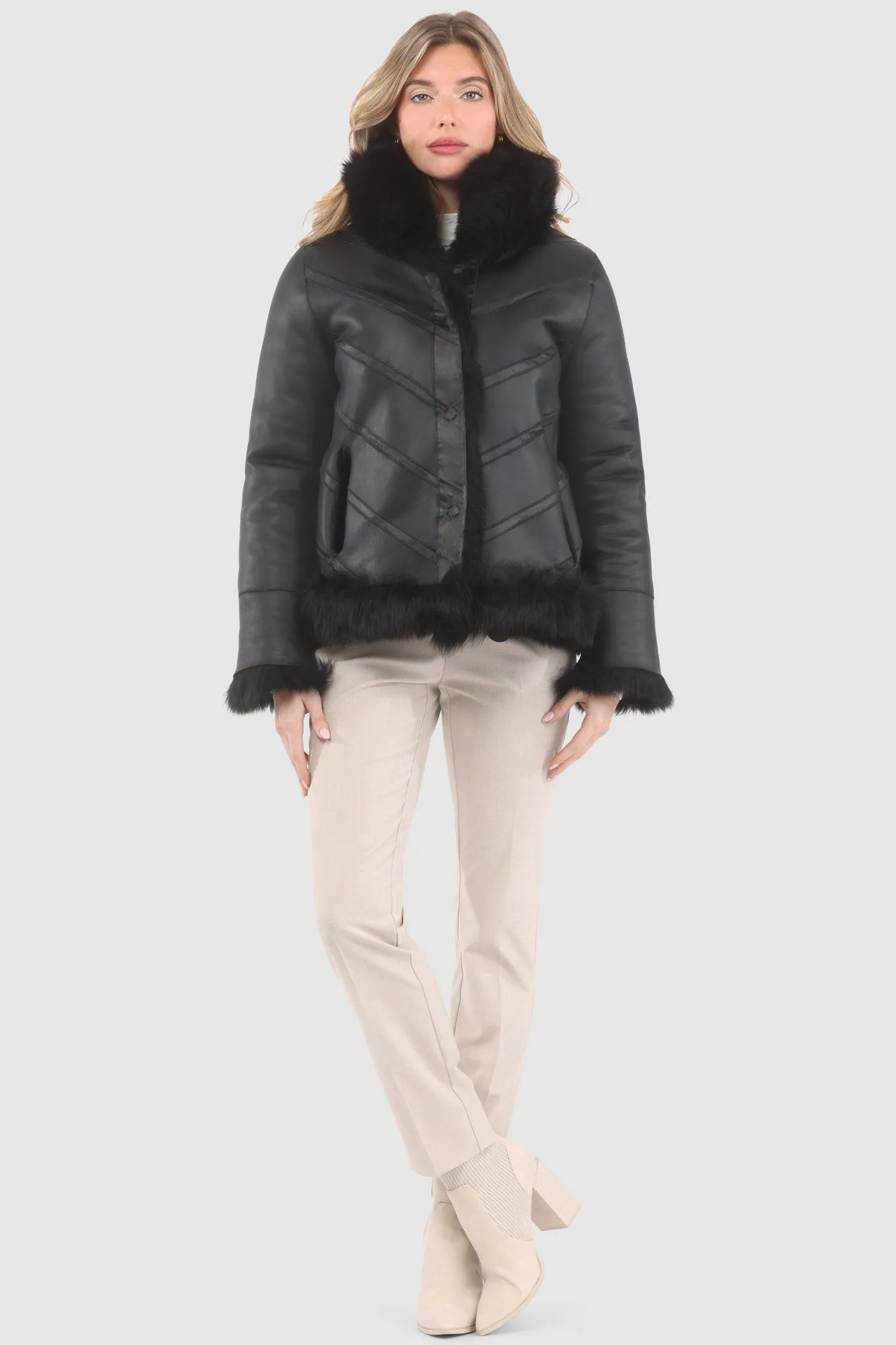 Reversible Merinillo Shearling Lamb Chevron Jacket with Horizontal Bottom