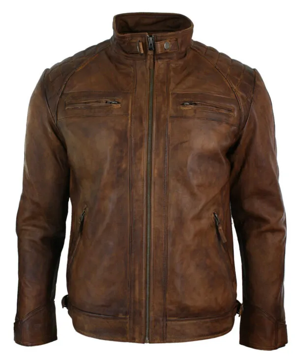 RW Authentic Sheepskin MEN’S RETRO STYLE ZIPPED BIKER JACKET REAL LEATHER JACKET