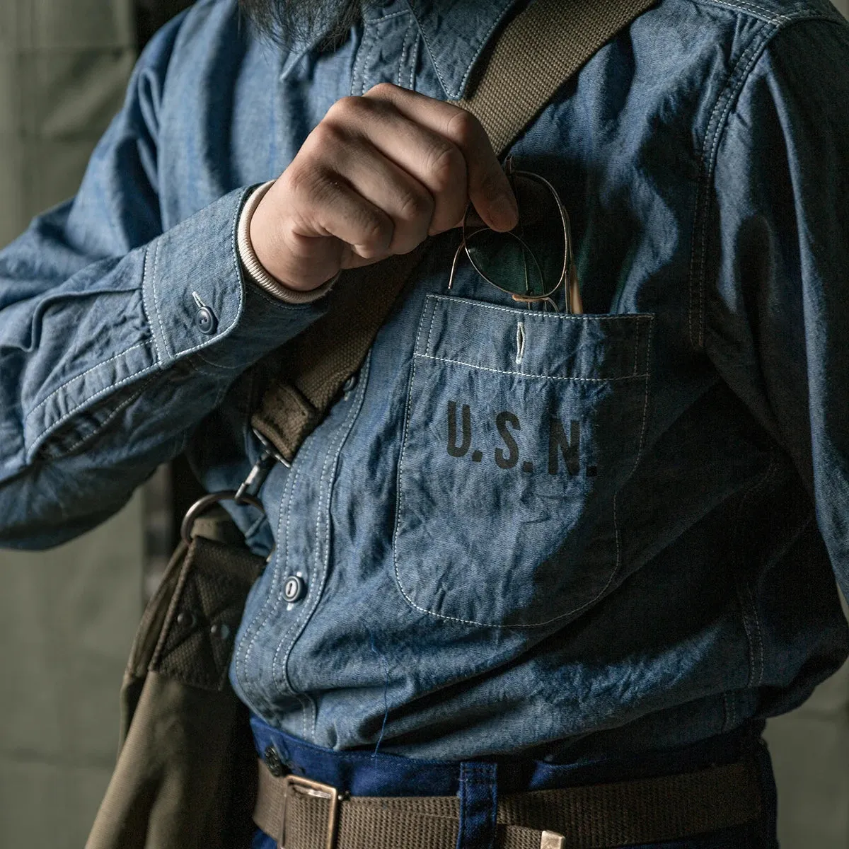 Selvedge Chambray Work Shirt with Long Sleeve - Blue