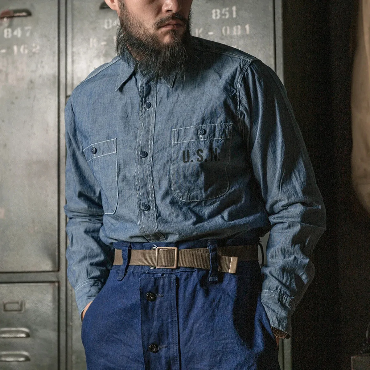 Selvedge Chambray Work Shirt with Long Sleeve - Blue