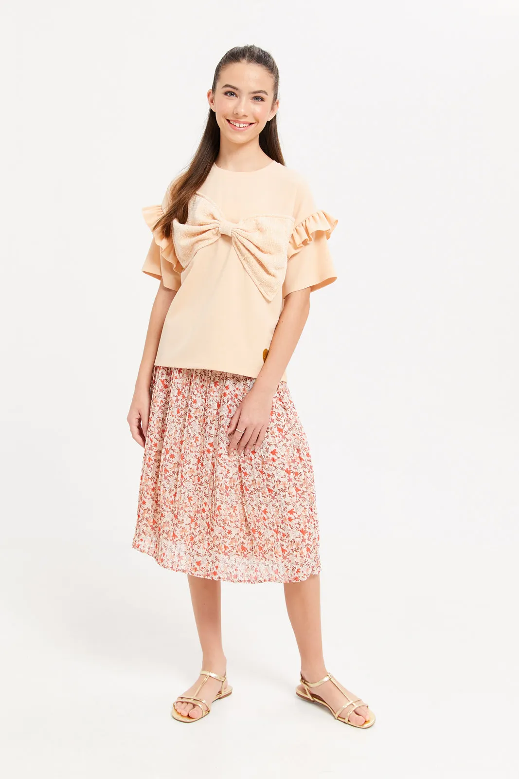 Senior Girls Cream Floral Print Pleated Skirt