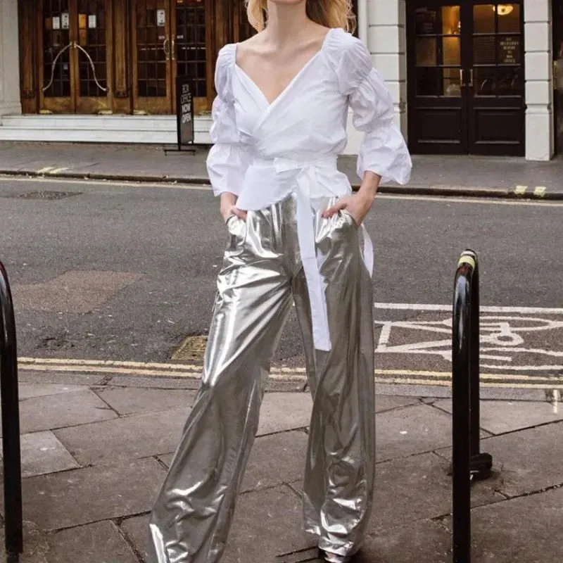 Shiny Fashion Loose PU Silver High-waist Club Winter Party Streetwear Pants