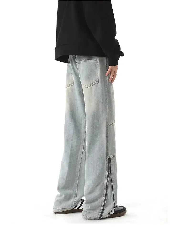 Side Zippers Wide-Leg Thermal Jeans