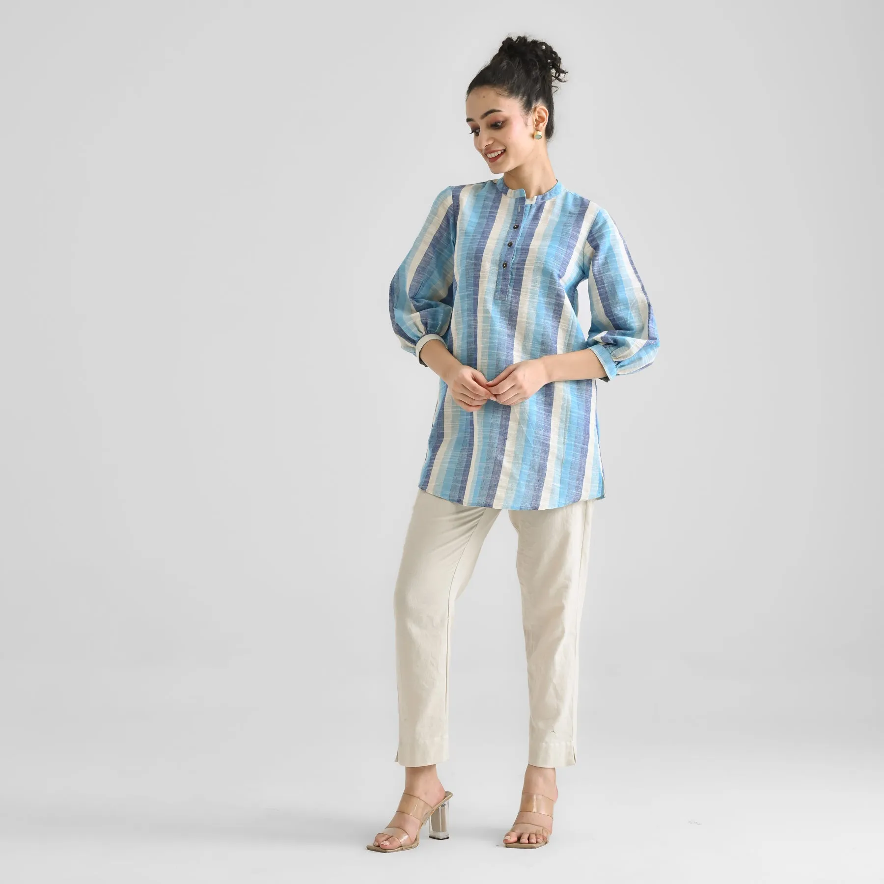 Sky Blue Multicolour Woven Cotton Tunic with Puff Sleeve