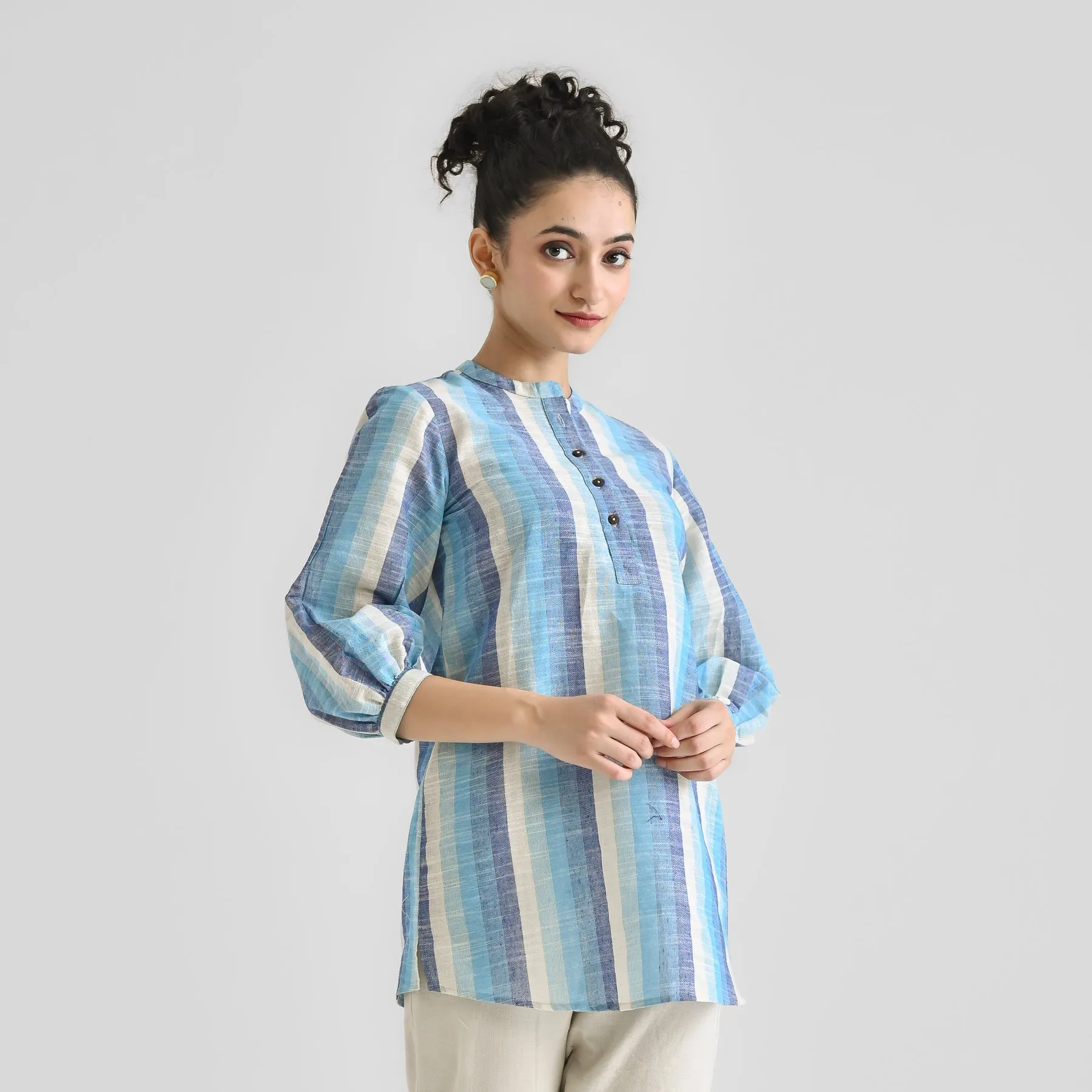 Sky Blue Multicolour Woven Cotton Tunic with Puff Sleeve