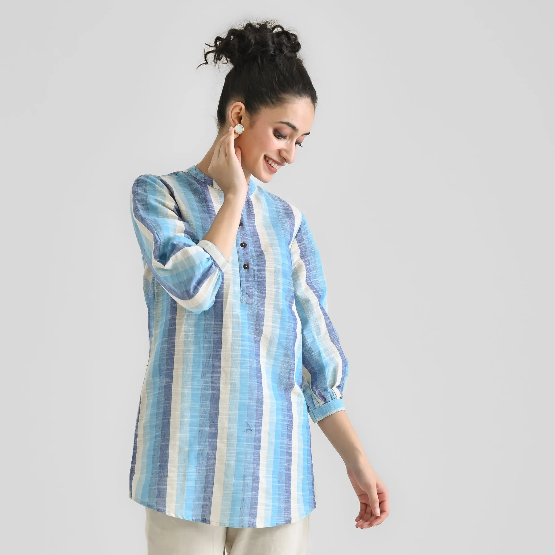 Sky Blue Multicolour Woven Cotton Tunic with Puff Sleeve