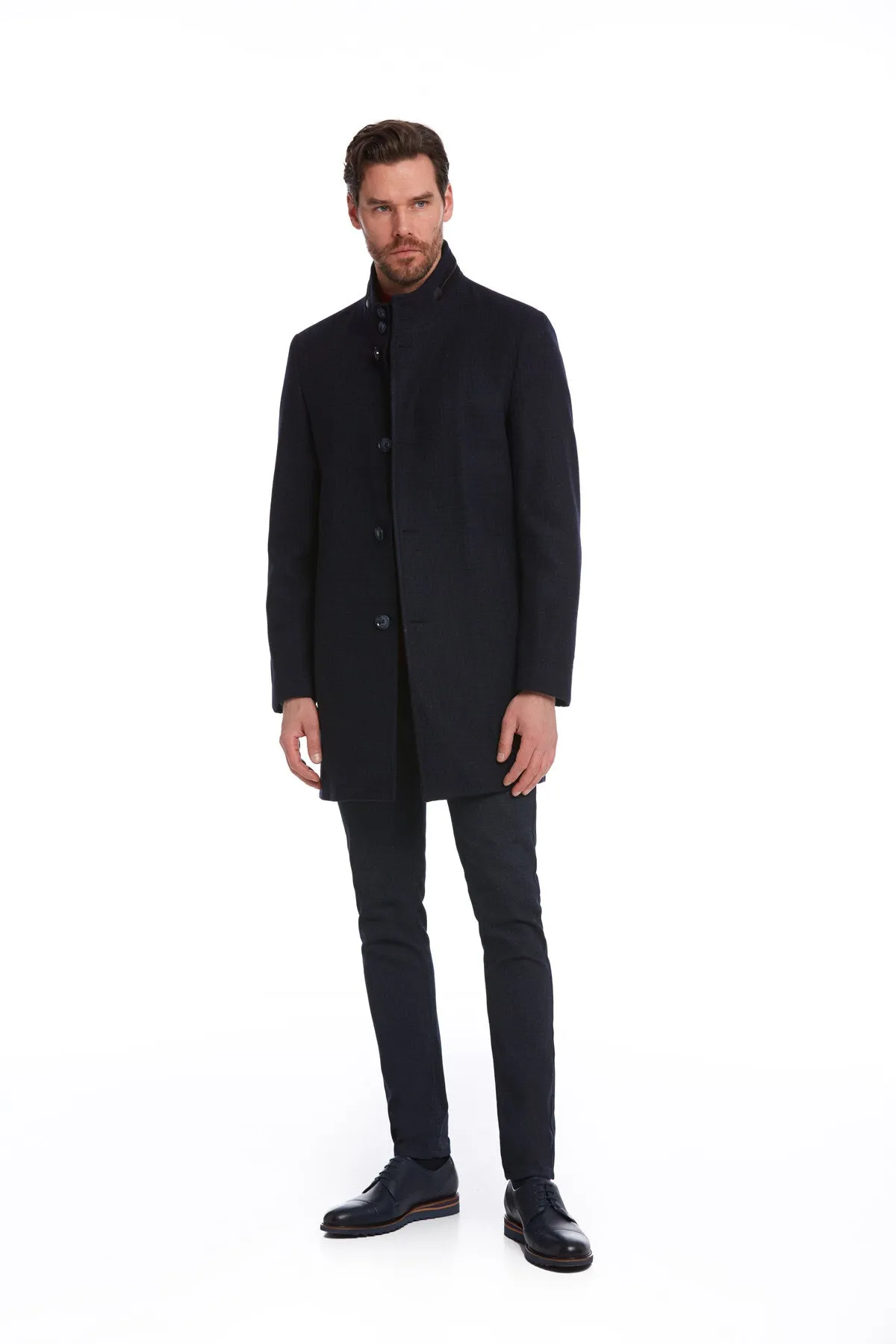 Slim Fit Cachet Stand Collar Navy Wool Blend Overcoat