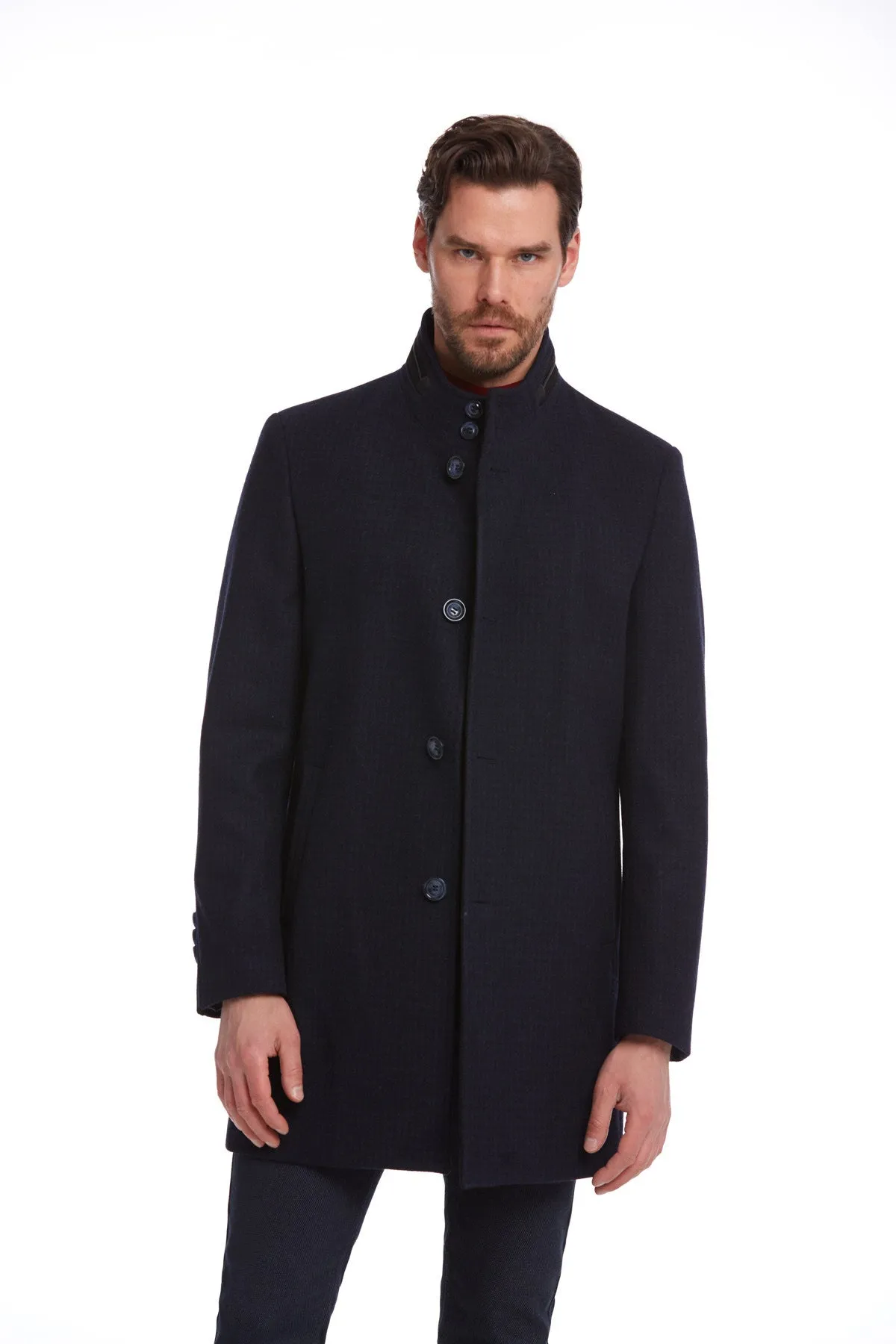 Slim Fit Cachet Stand Collar Navy Wool Blend Overcoat