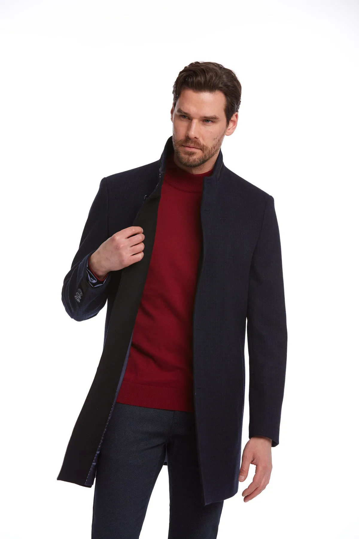 Slim Fit Cachet Stand Collar Navy Wool Blend Overcoat