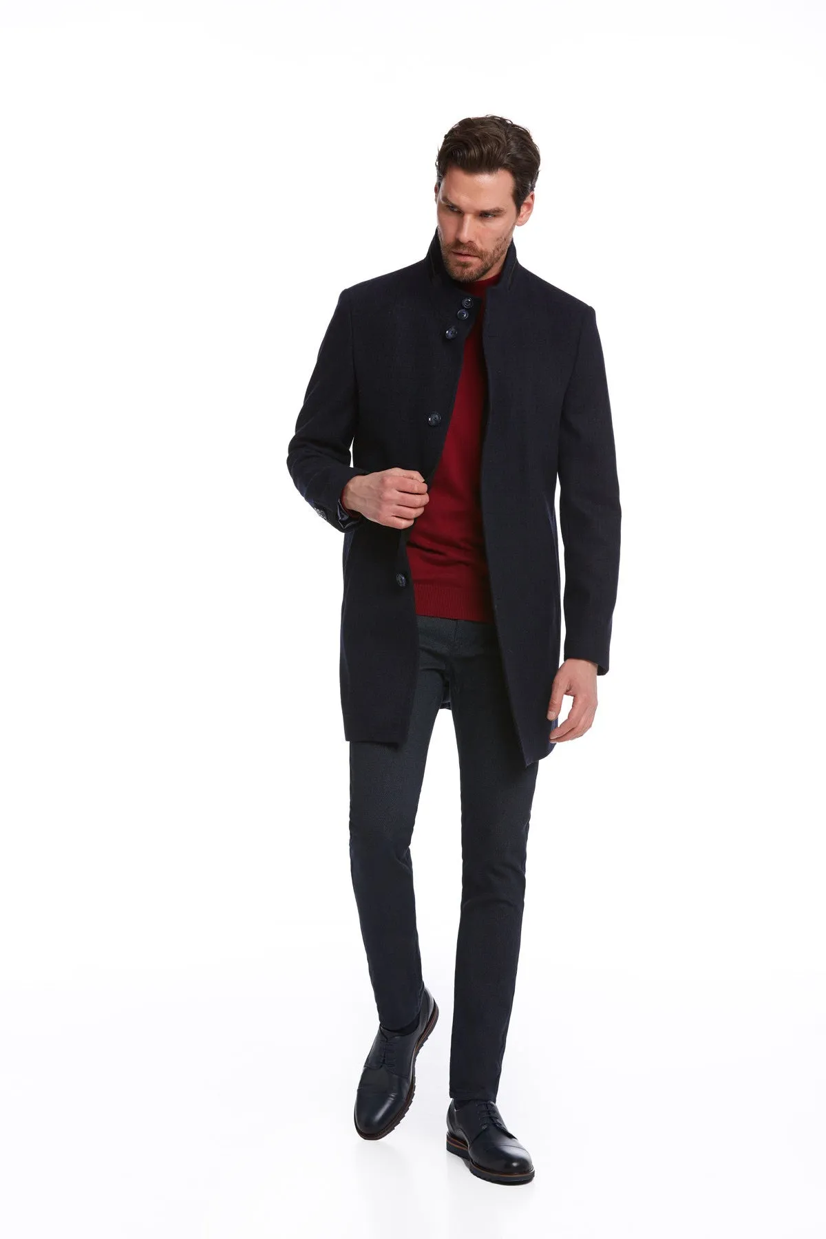 Slim Fit Cachet Stand Collar Navy Wool Blend Overcoat