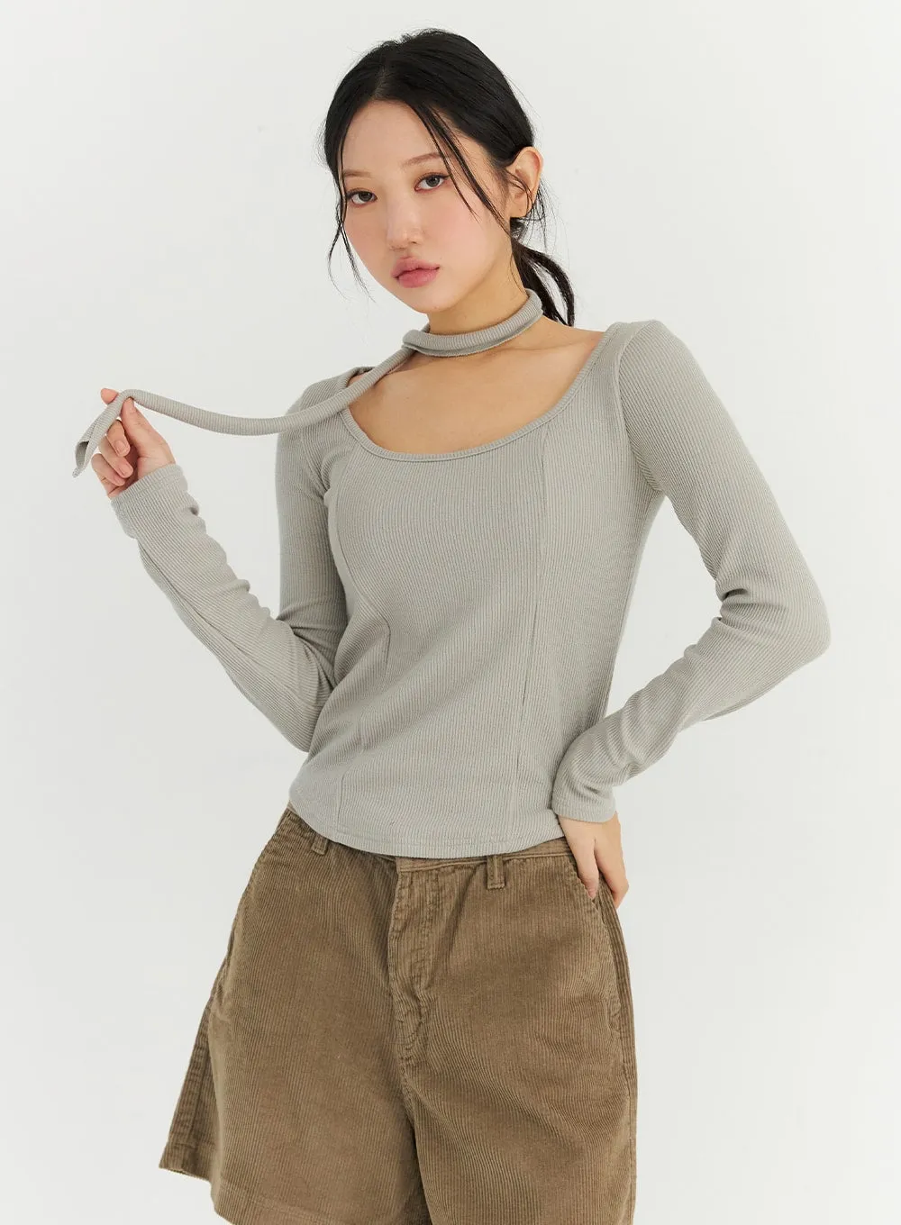 Slim Fit U-Neck Long Sleeve Top with Scarf CN303