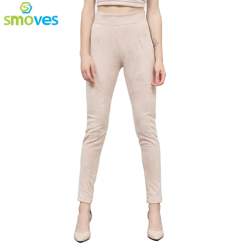 SMOVES Good Elasticity Side Zipper High Waist Womens Suede Pants Winter Pant Autumn Spring Stretchable Skinny Tight Pencil Pant