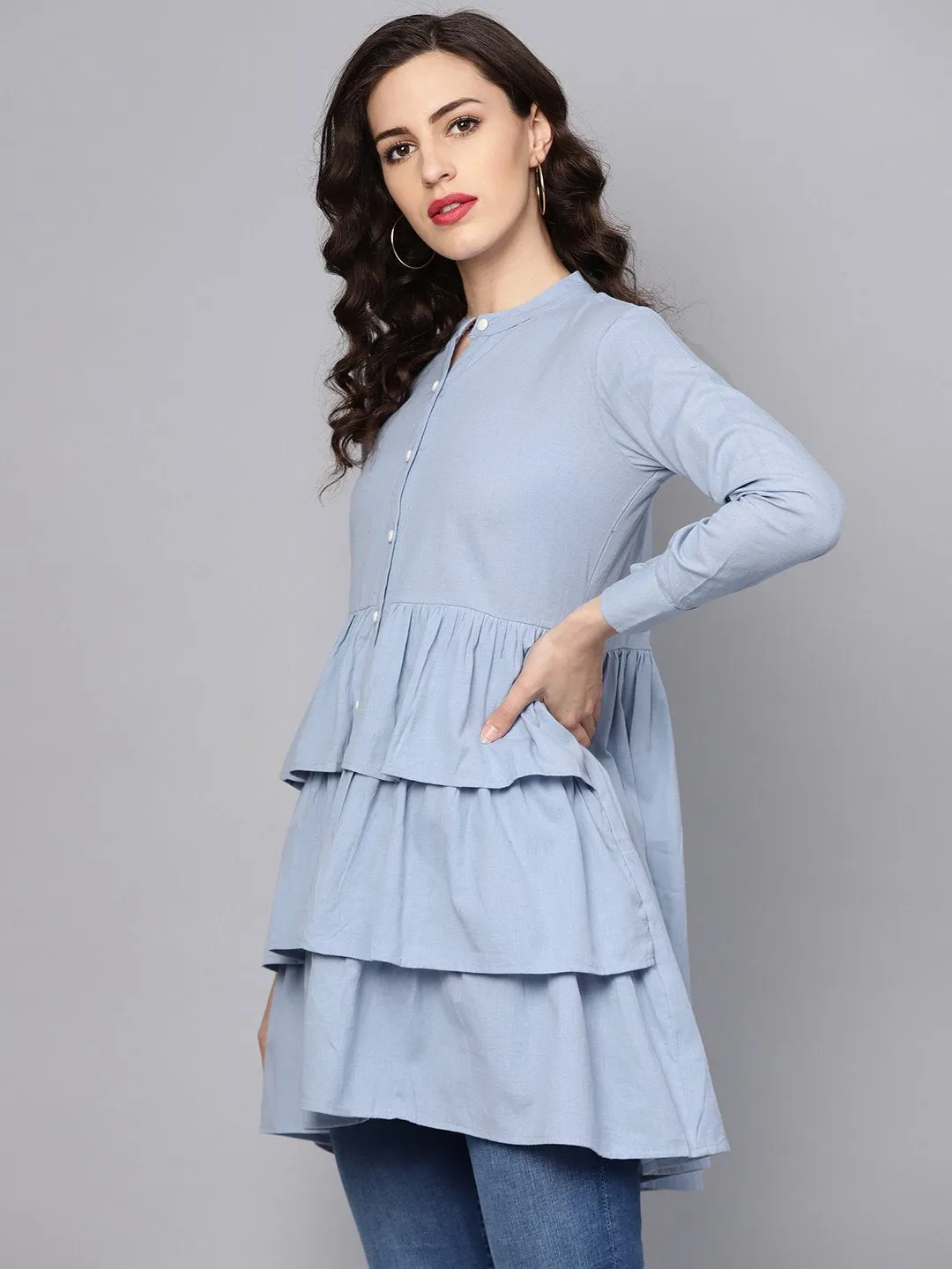 Solid Ice Blue Tired Tunic With Madarin Collar & 3/4 Sleeves