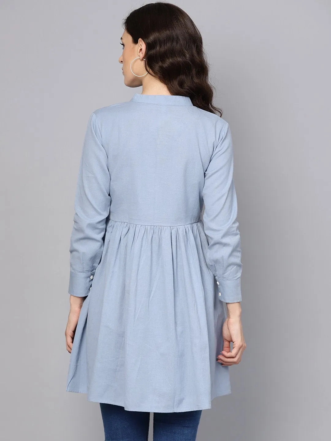 Solid Ice Blue Tired Tunic With Madarin Collar & 3/4 Sleeves