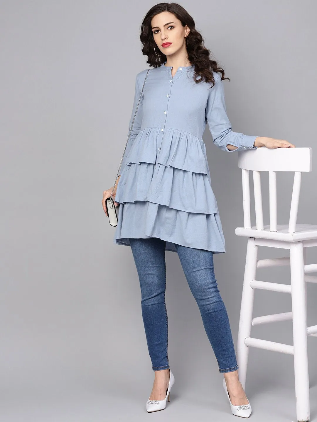 Solid Ice Blue Tired Tunic With Madarin Collar & 3/4 Sleeves