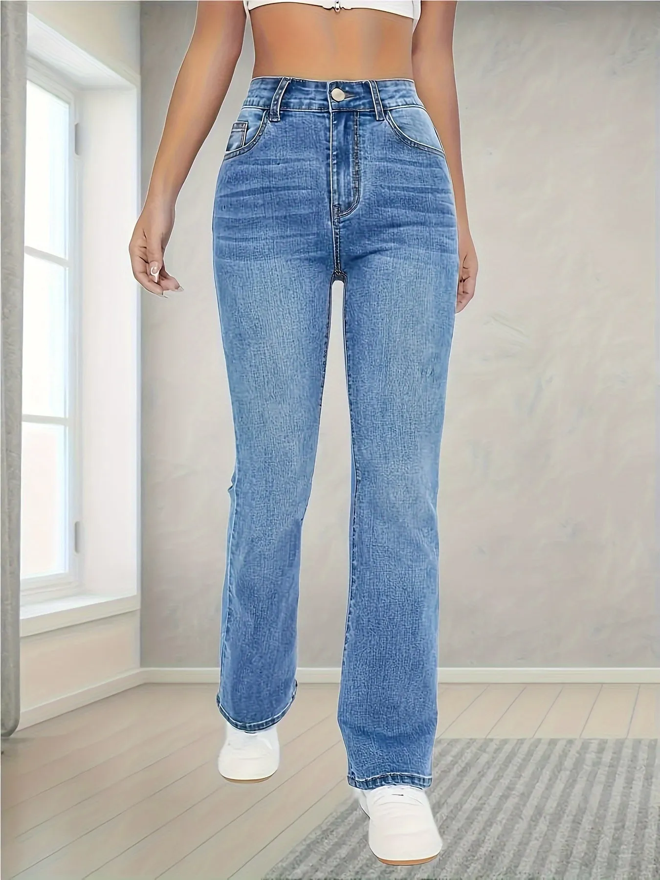 Stretchy High Waist Jeans for Women Straight Leg Denim Pants