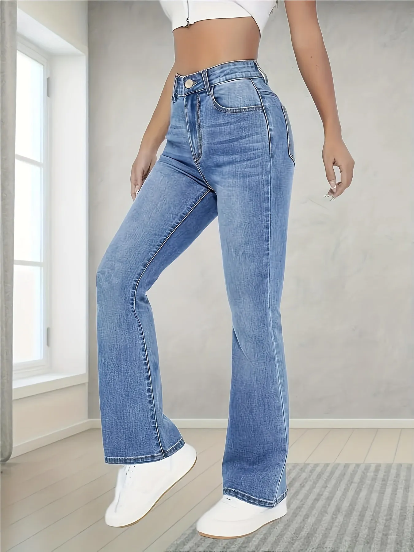 Stretchy High Waist Jeans for Women Straight Leg Denim Pants