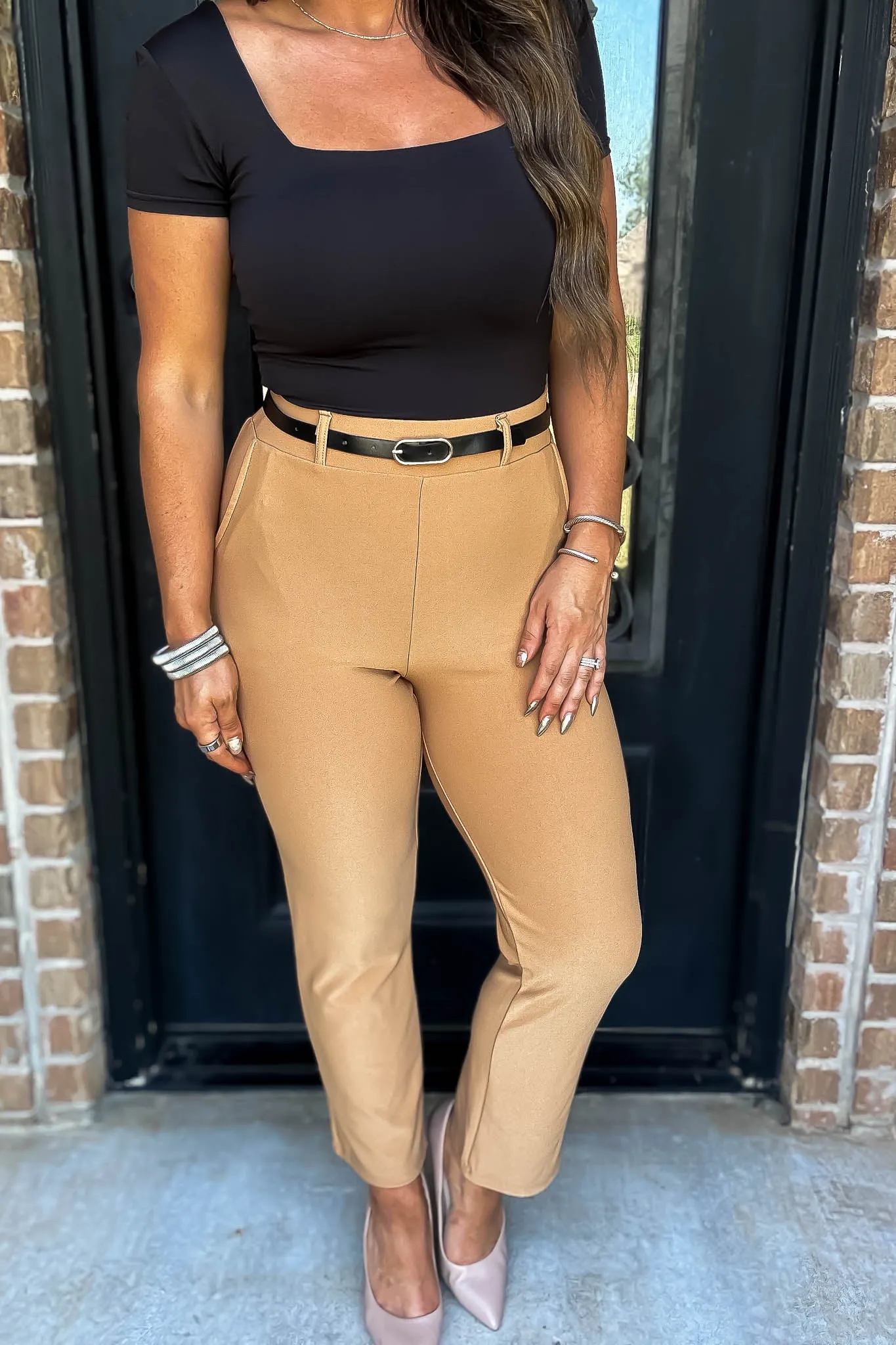 Stretchy Toffee Tan Belted Side Pocket Straight Pants