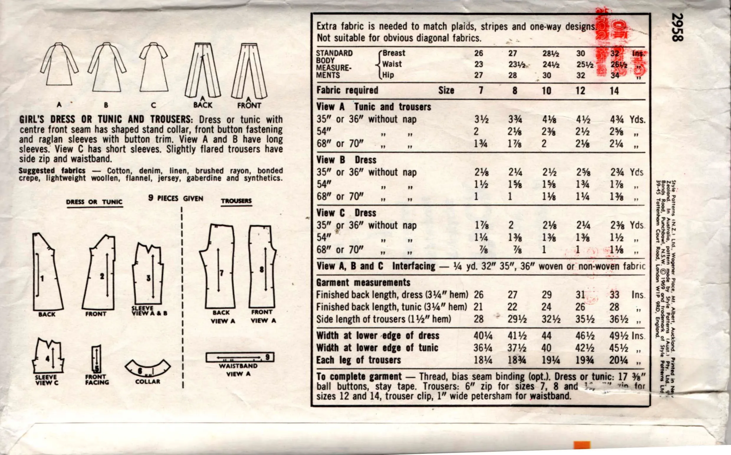 Style 2958 Girls Mini Dress Tunic Top & Pants 1960s Vintage Sewing Pattern Size 10