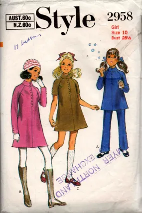 Style 2958 Girls Mini Dress Tunic Top & Pants 1960s Vintage Sewing Pattern Size 10