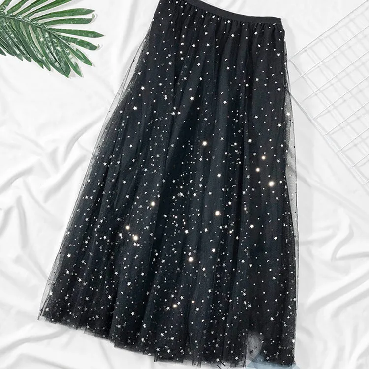 Summer New Ins Fairy High Waist Mid-length Star Moon Half-length Tulle Skirt