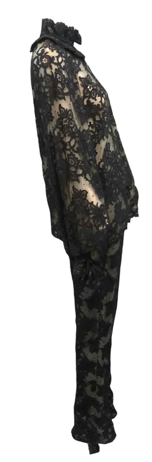 Swinging 60s Black Lace Pantsuit with Nude Underlay