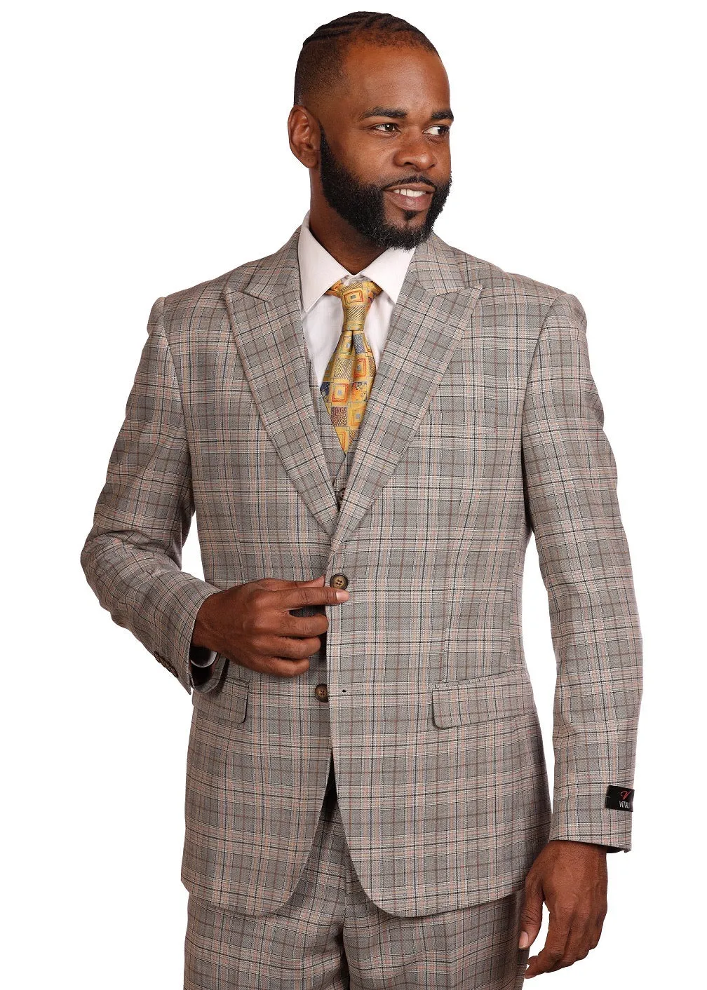 TAN MEN'S VITALI SUIT THREE PIECES VESTED MODERN-FIT PEAK LAPEL