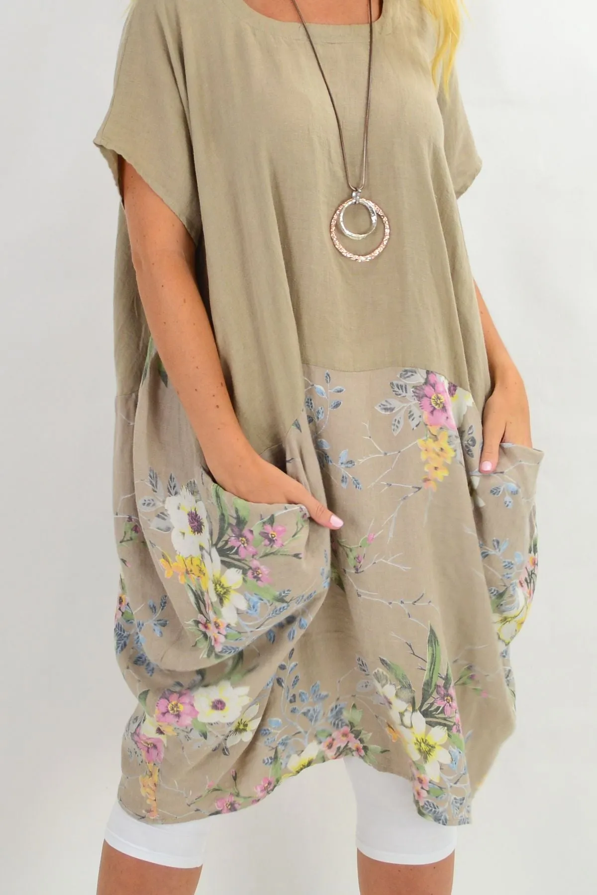 Taupe Native Flower Sleeve Linen Tunic Dress