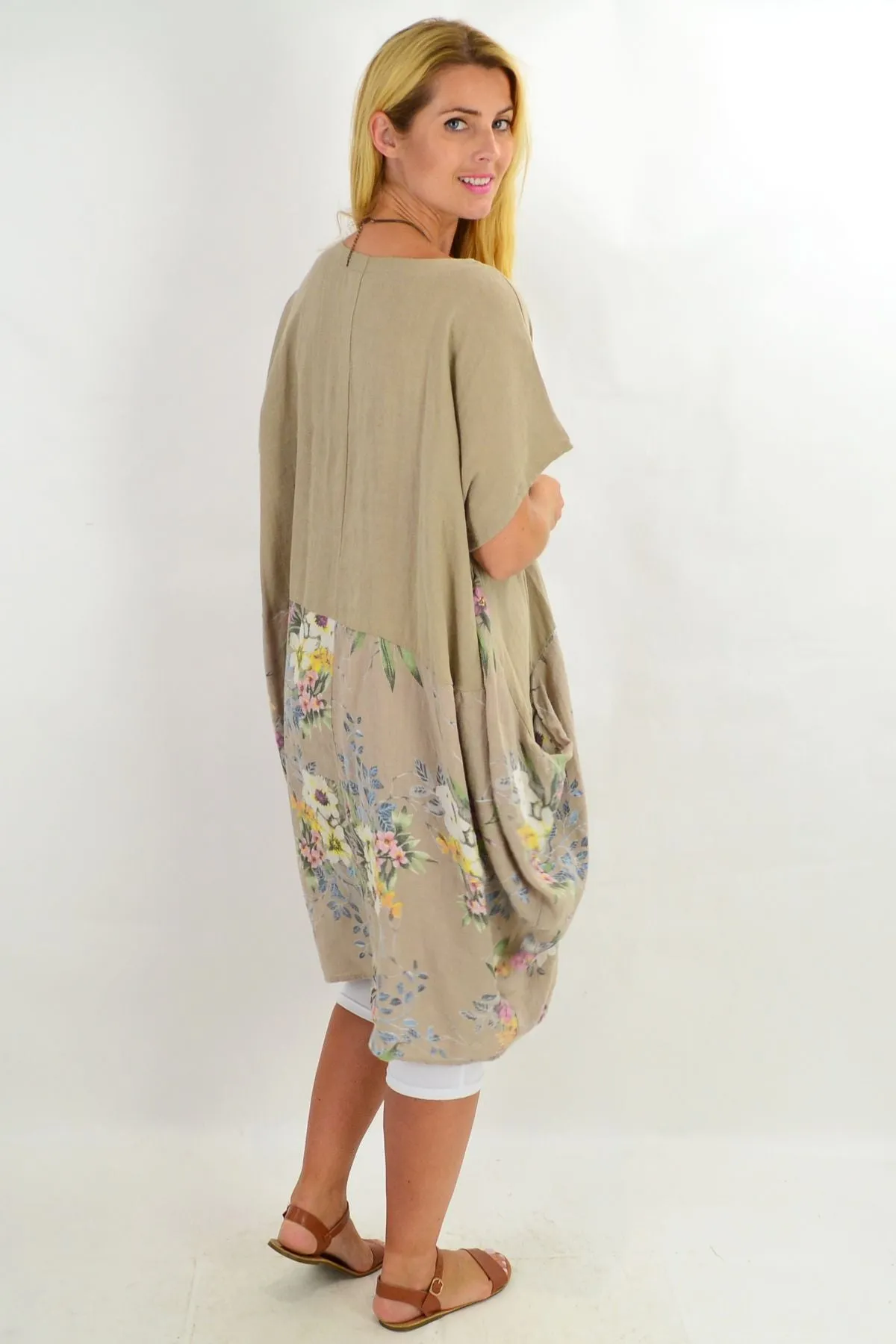 Taupe Native Flower Sleeve Linen Tunic Dress