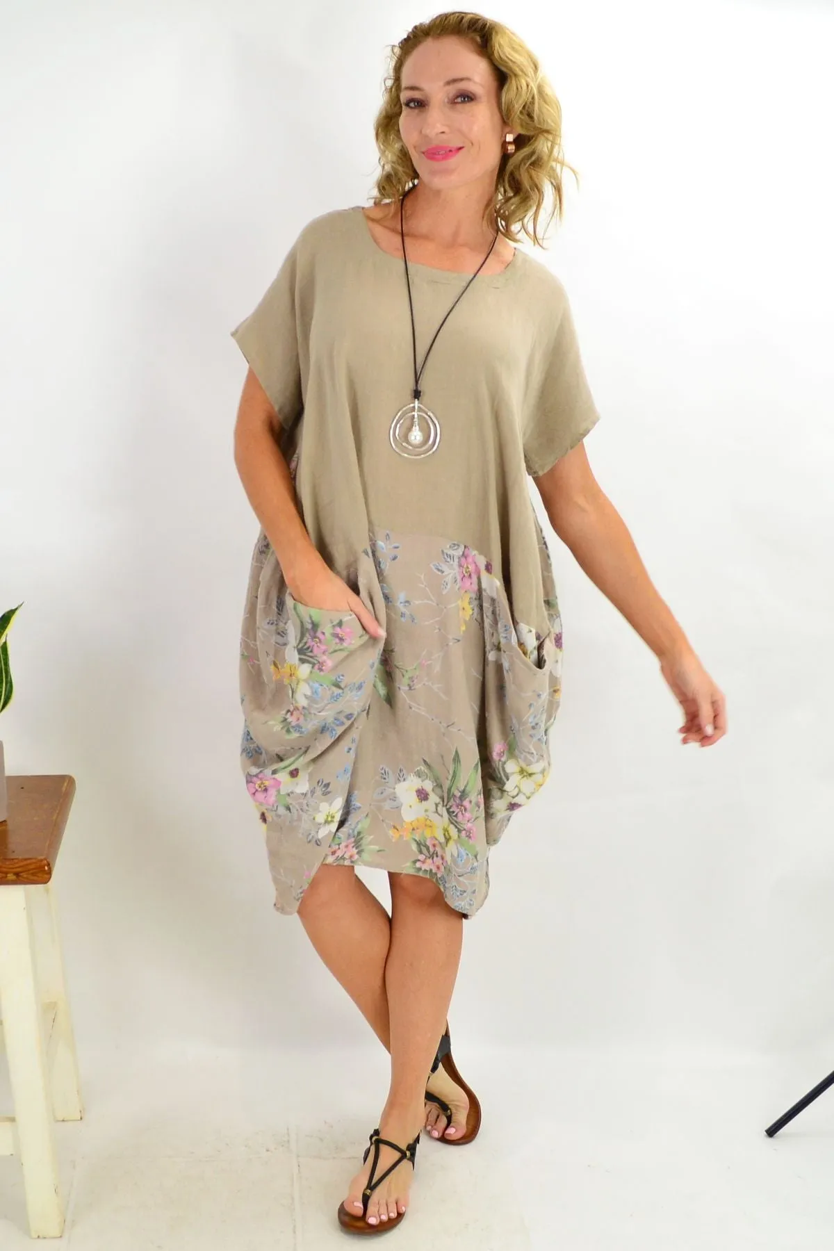 Taupe Native Flower Sleeve Linen Tunic Dress