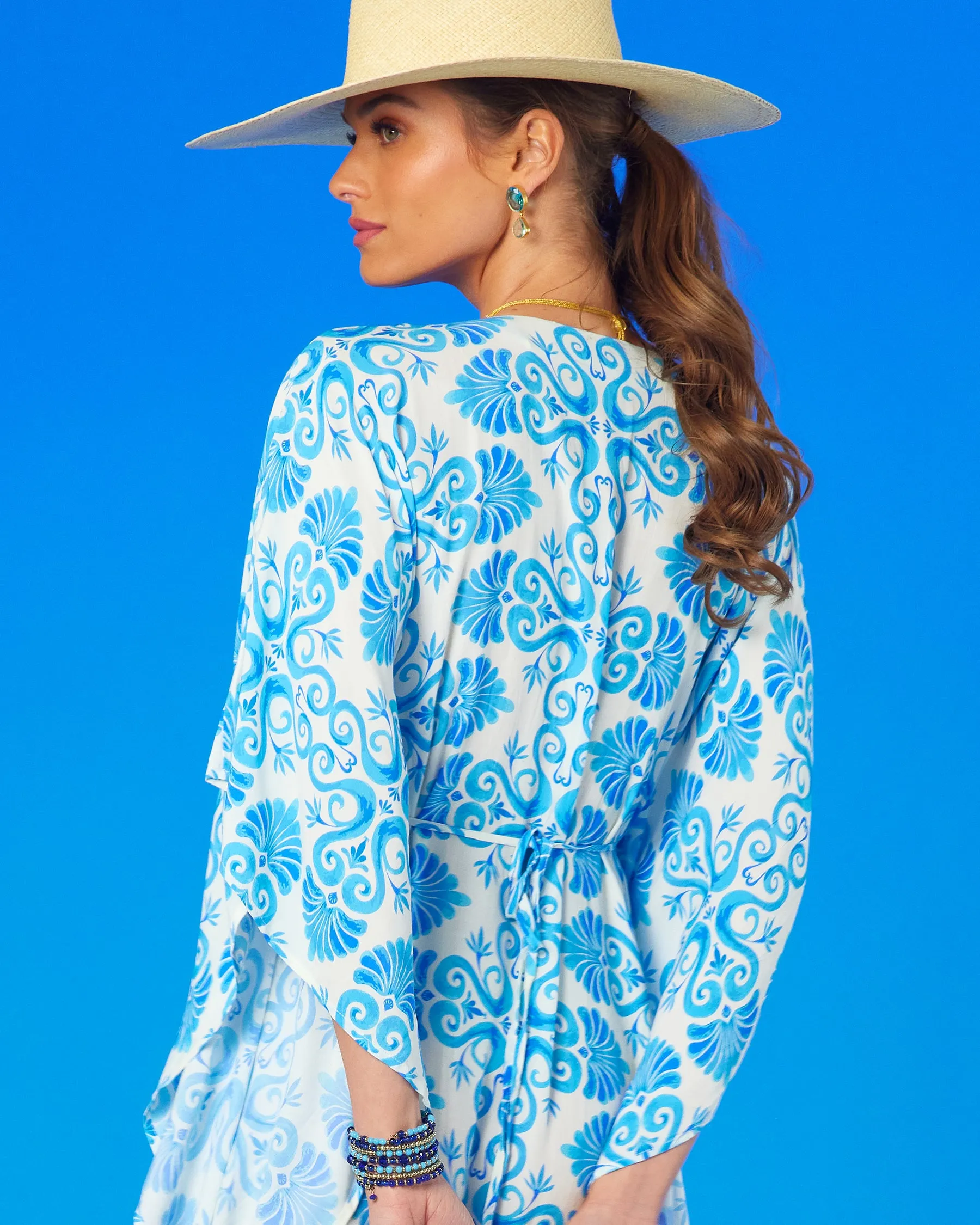 Thetis Cinched Long Kaftan in Blue and White