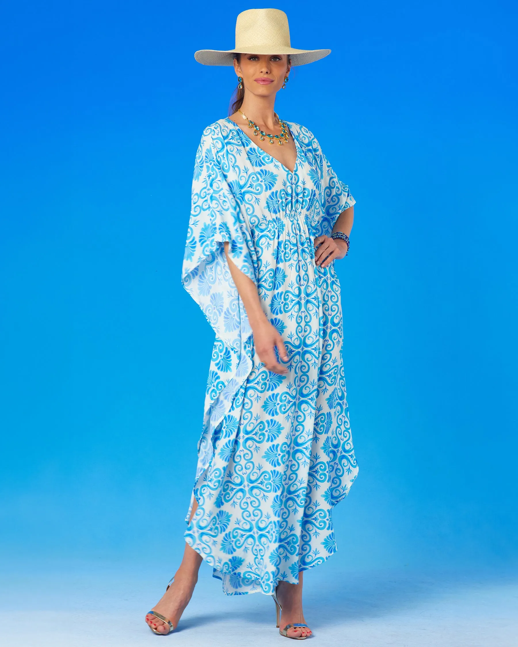 Thetis Cinched Long Kaftan in Blue and White