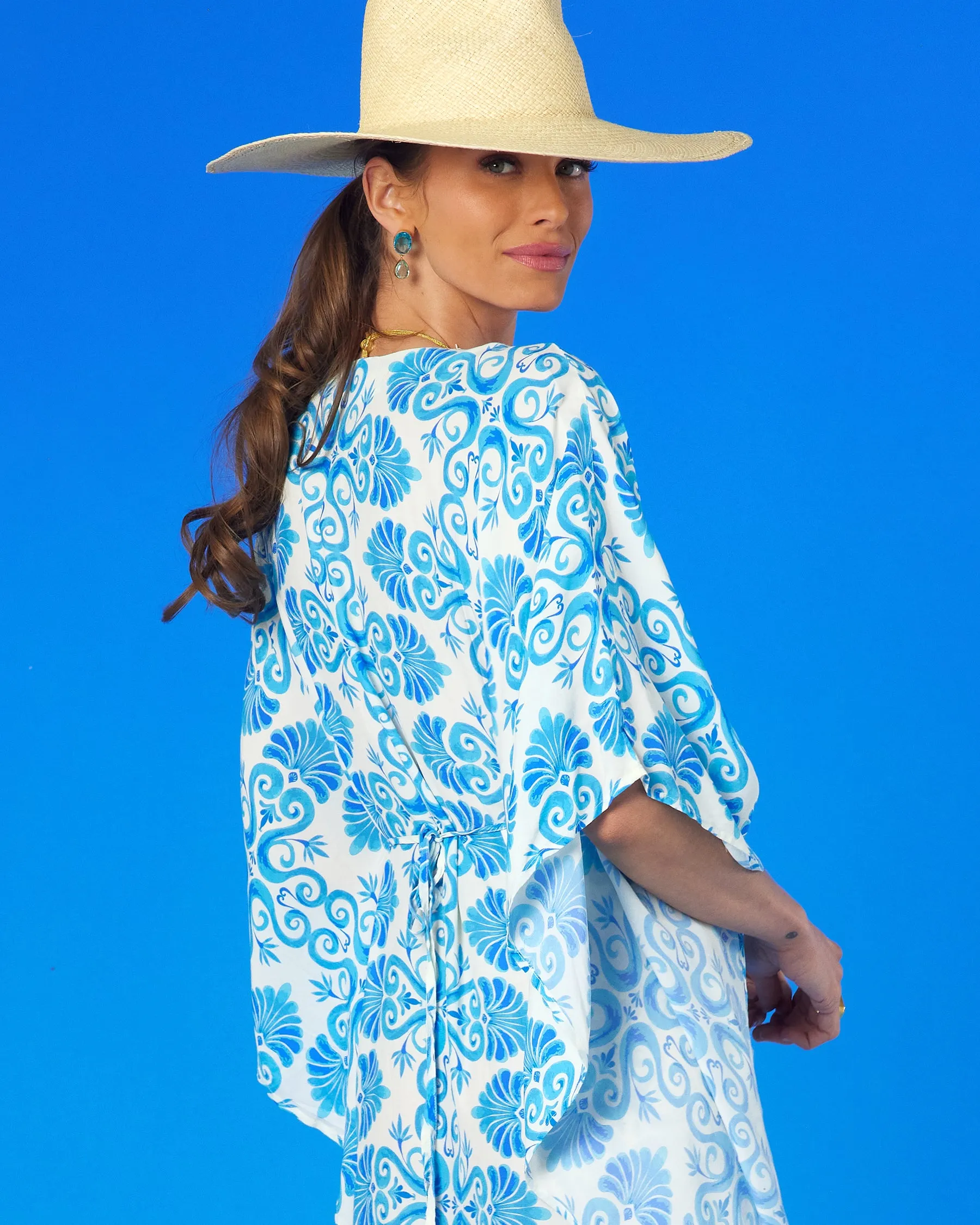 Thetis Cinched Long Kaftan in Blue and White