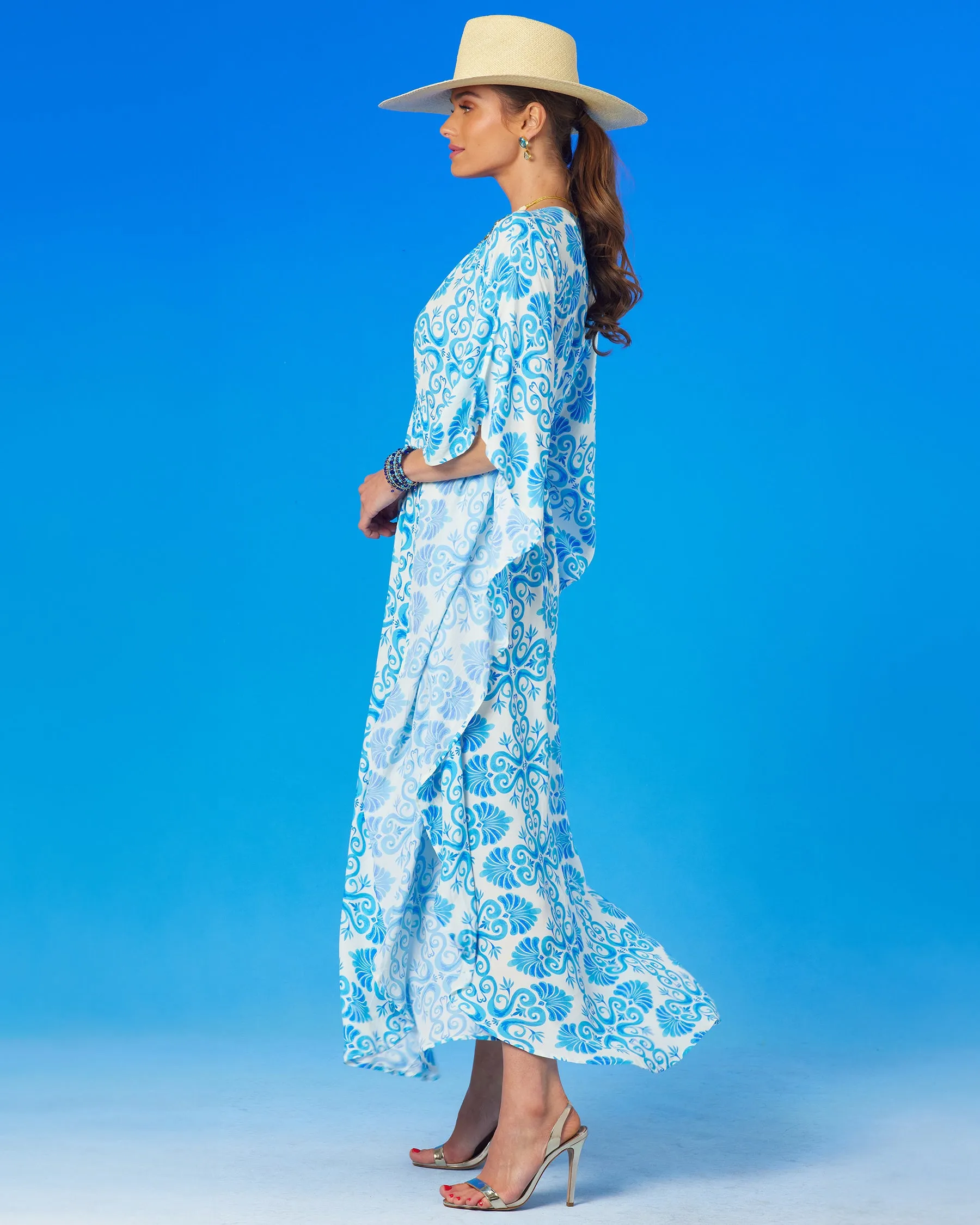 Thetis Cinched Long Kaftan in Blue and White