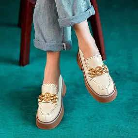 Thick Heels Vegan Leather with Metal Chain Brogue Shoes