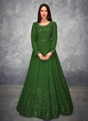 Thread Embroidered Green Georgette Anarkali Suit