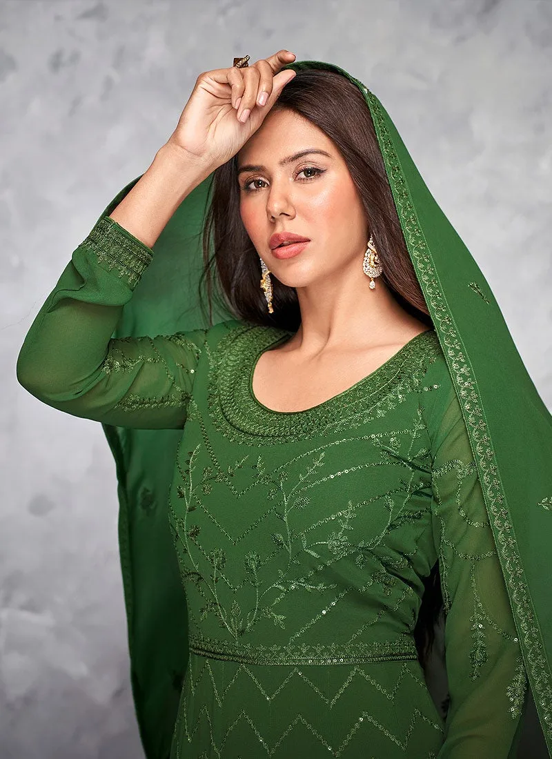 Thread Embroidered Green Georgette Anarkali Suit