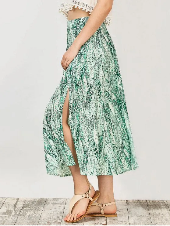 Trendy Leaf Print Slit Chiffon Midi Skirt