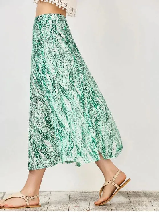 Trendy Leaf Print Slit Chiffon Midi Skirt