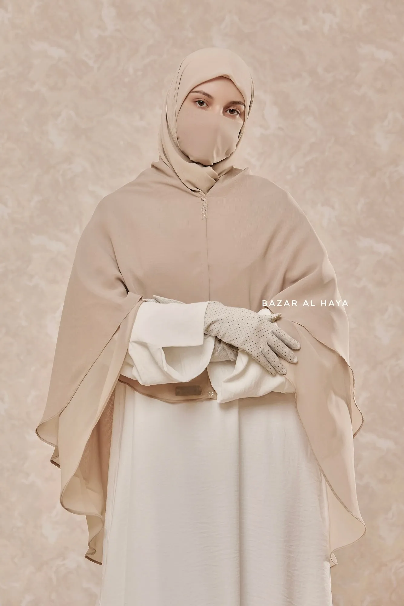 Two Layered Creme Beige Snap Scarf, Khimar, Cape - Super Soft - 3 in 1