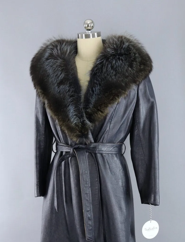 Vintage 1960s Charcoal Blue Grey Leather Coat