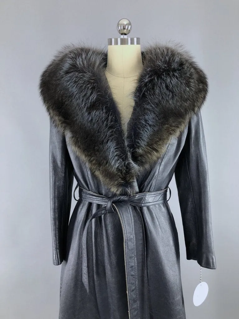 Vintage 1960s Charcoal Blue Grey Leather Coat