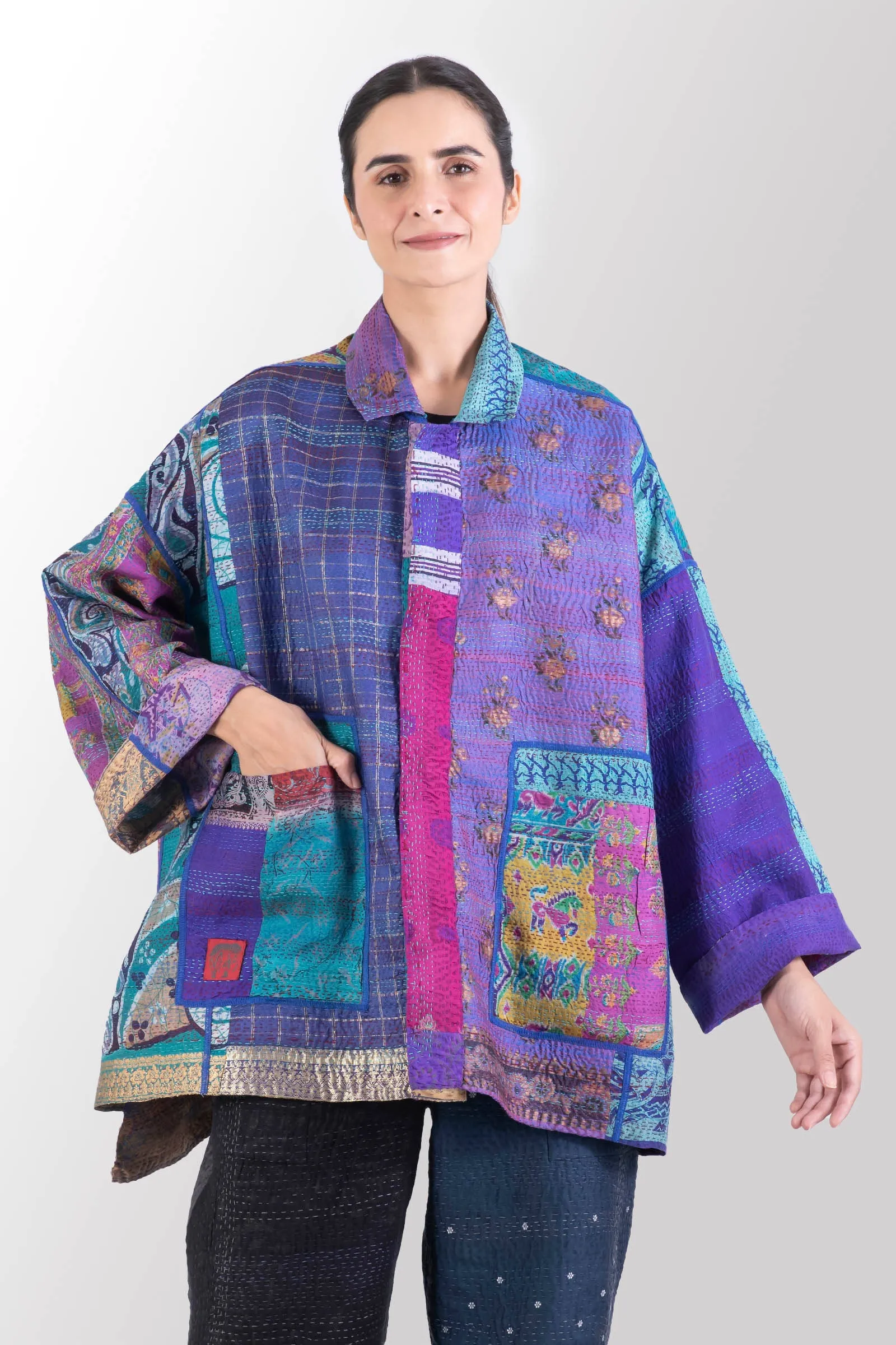 VINTAGE SILK KANTHA OVERSIZED MINI COAT - sv2332-0003a -