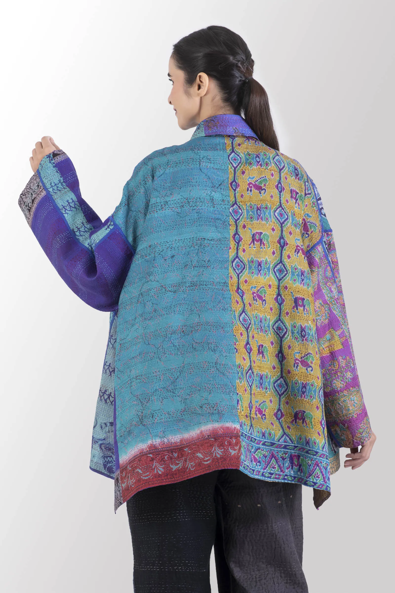 VINTAGE SILK KANTHA OVERSIZED MINI COAT - sv2332-0003a -