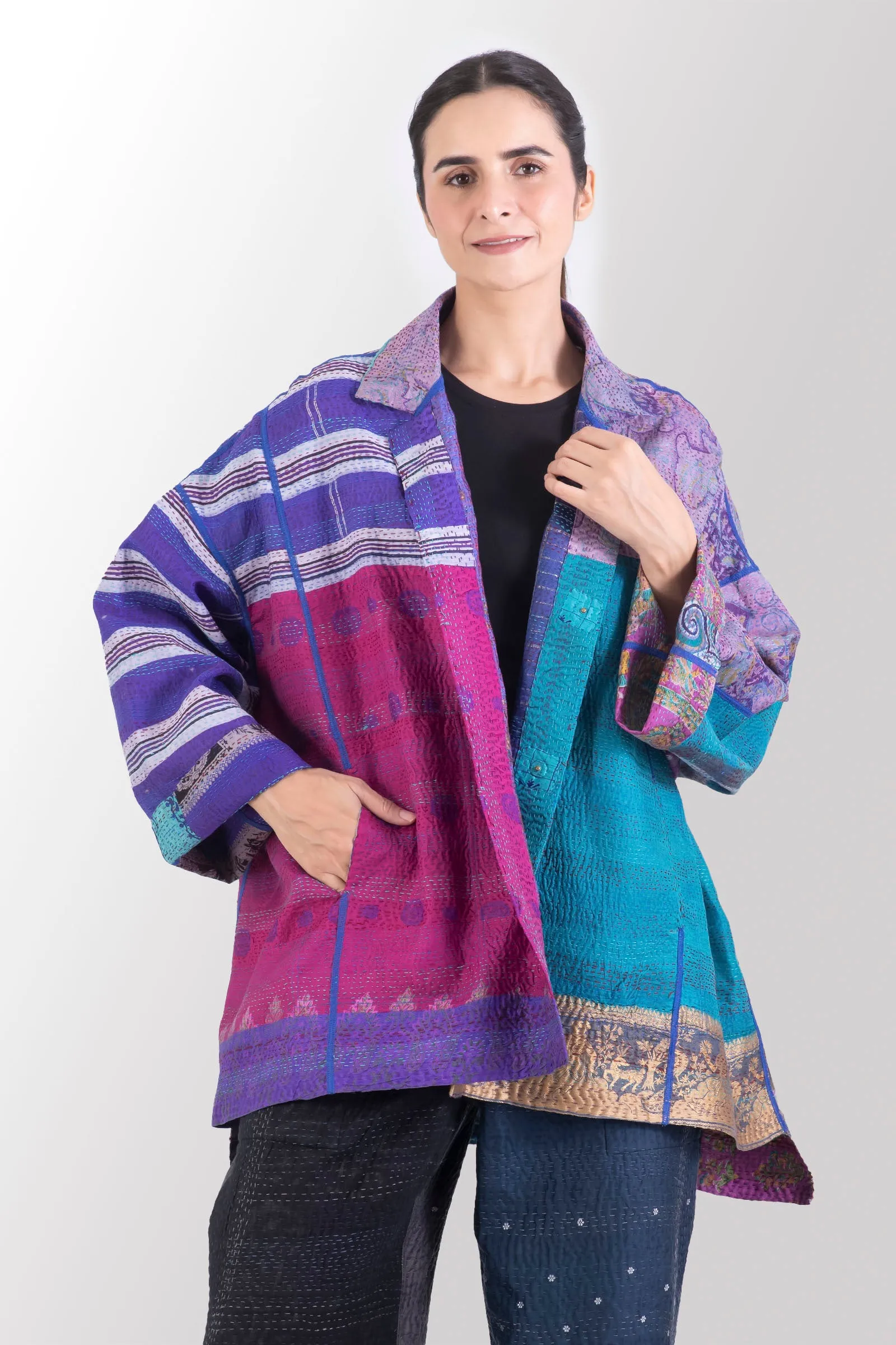 VINTAGE SILK KANTHA OVERSIZED MINI COAT - sv2332-0003a -