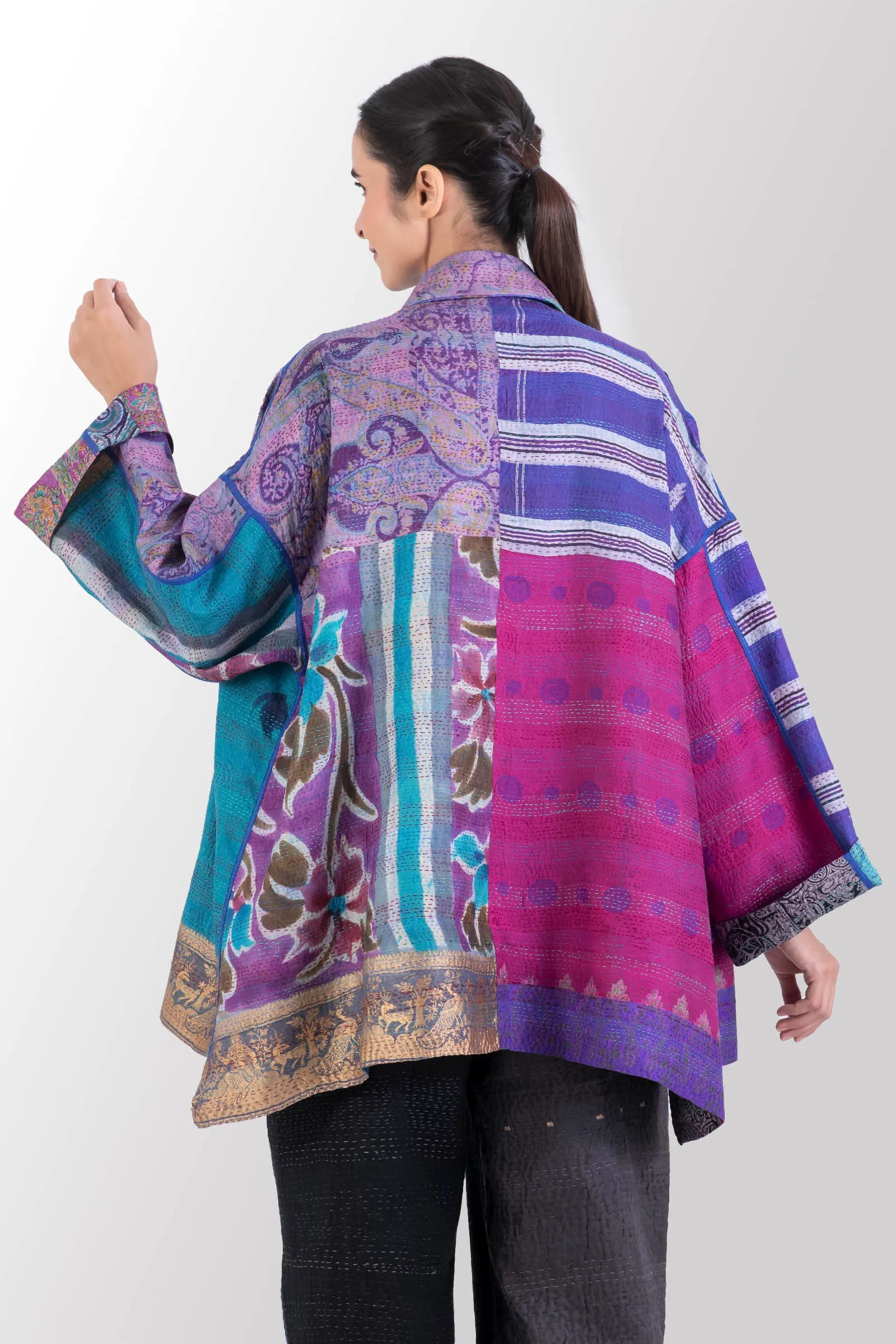 VINTAGE SILK KANTHA OVERSIZED MINI COAT - sv2332-0003a -