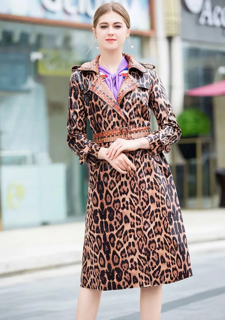 Vintage Snakeskin Pattern Long Sleeve Trench Coat