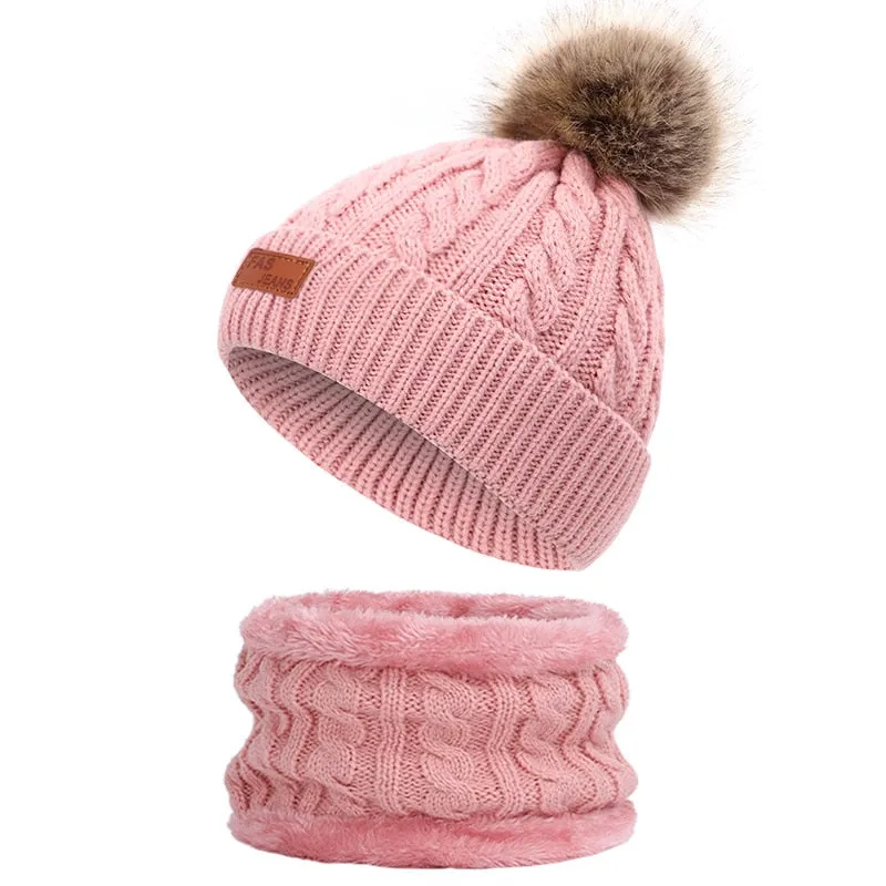 Warm Beanies Hat For Girl Ring Scarf Pompoms Winter Hats Knitted Caps Scarf 2 Pieces Fashion Winter Hat Scarf Set For child